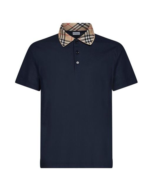 Burberry Blue Cotton Pique Polo Shirt With Check Collar for men
