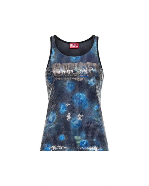 DIESEL Blue Floral Print And Sequins Jersey T-Unky Top