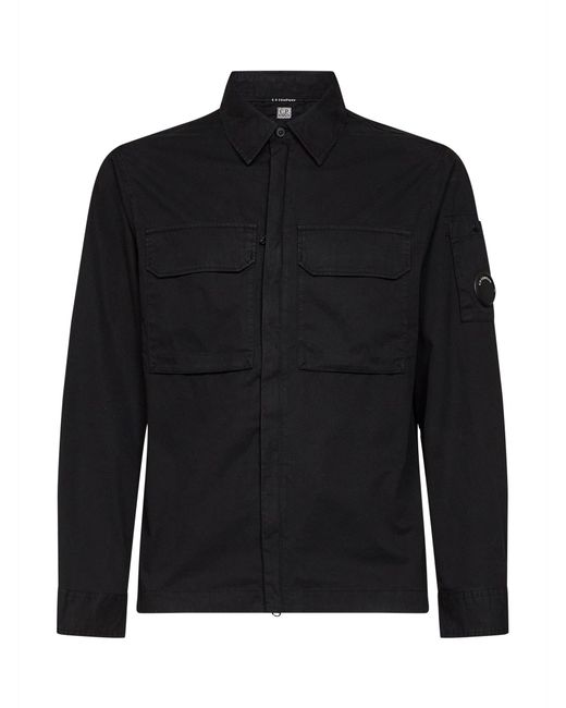 C P Company Black Organic Cotton Gabardine Lens Overshirt for men