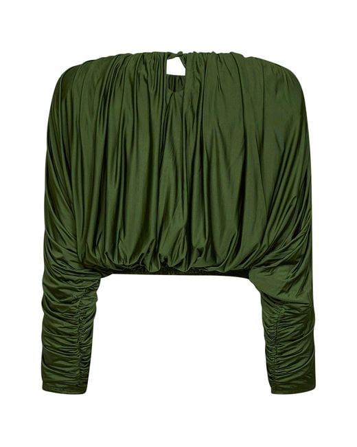 Self-Portrait Green Jersey Gathered Cropped Top