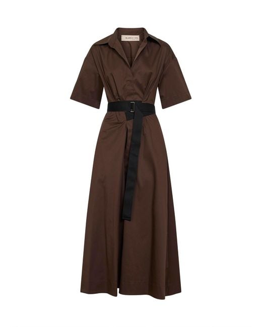 Blanca Vita Brown Chocolate Stretch Poplin Alzety Belted Midi Dress