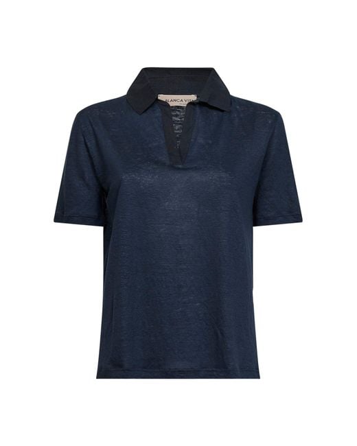 Blanca Vita Blue Linen Short-Sleeved Polo Shirt<Br