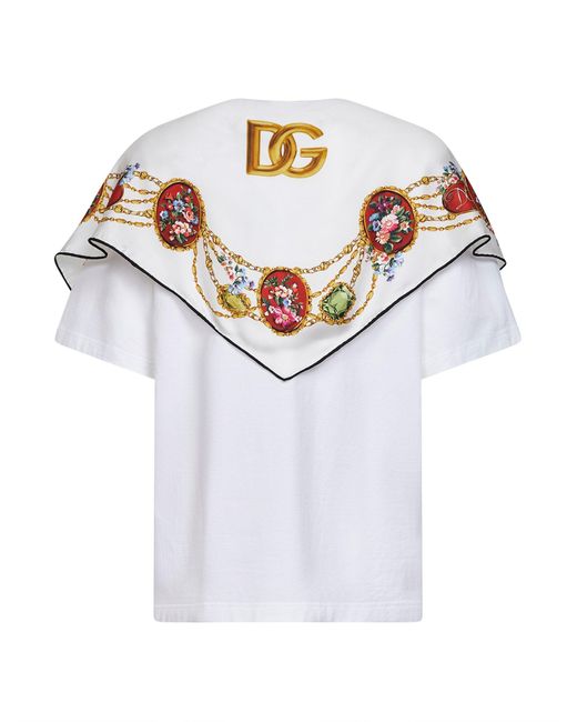 Dolce & Gabbana White Jersey T-Shirt With Printed Silk Scarf