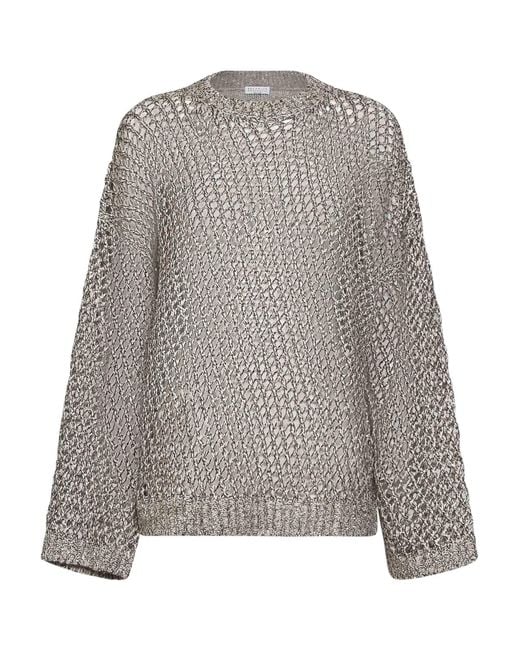 Brunello Cucinelli Gray Rope Silk And Linen Net Knit Dazzling Chiné Sweater