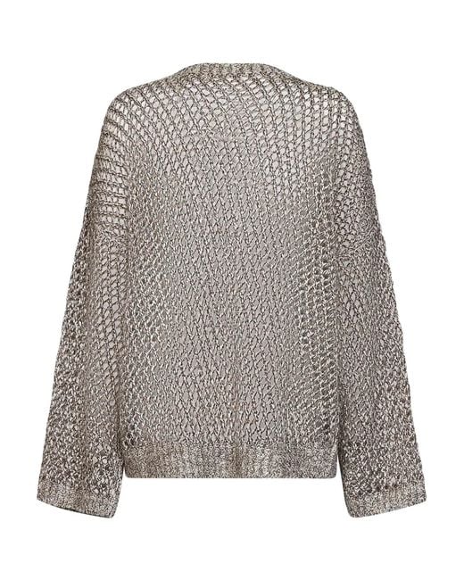 Brunello Cucinelli Gray Rope Silk And Linen Net Knit Dazzling Chiné Sweater