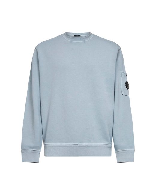 C P Company Blue Light Diagonal Cotton Fleece Lens Crewneck Sweatshirt for men