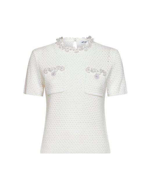 Self-Portrait White Cream Openwork Knit Top With Bead Embroidery