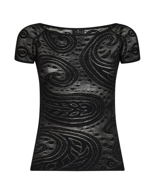 Etro Black Paisley Jacquard Knit Off-The-Shoulder Top