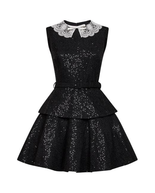Self-Portrait Black Self Portrait Sequin Bouclé Belted Peplum Mini Dress