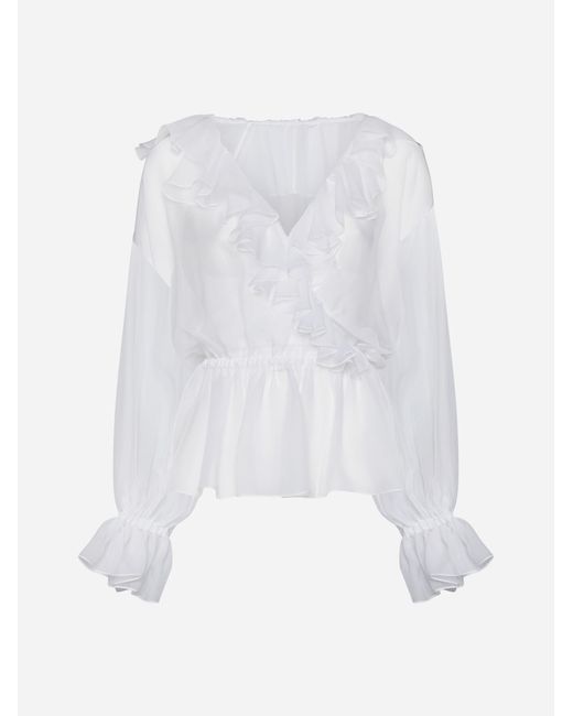 Dolce & Gabbana White Ruffled Silk Blouse