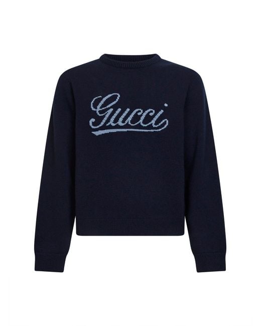Gucci Blue Dark Wool Intarsia Sweater for men