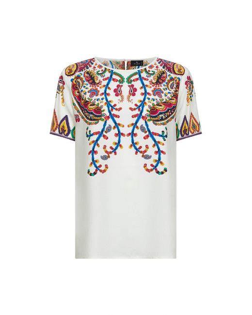 Etro White Placed Floral Paisley-Printed Silk T-Shirt