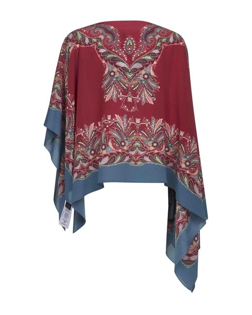 Etro Red Printed Crêpe De Chine Silk Poncho Top
