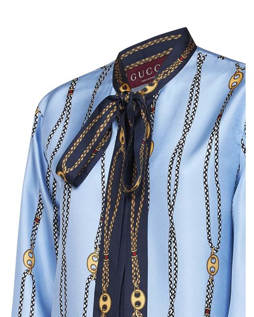 Gucci Blue Light Printed Silk Twill Shirt