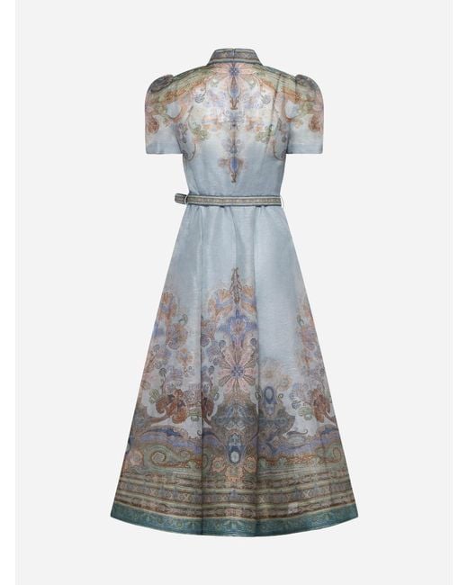 Zimmermann Eden Silk And Linen Belted Midi Dress in Gray | Lyst