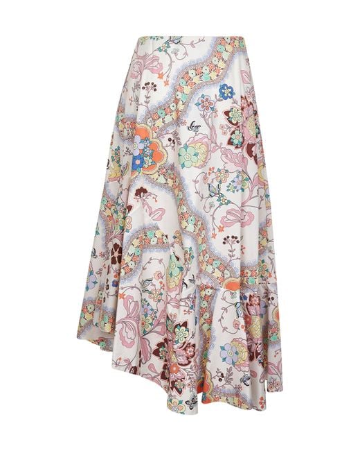 Etro White Floral And Butterfly Print Cotton Asymmetric Midi Skirt