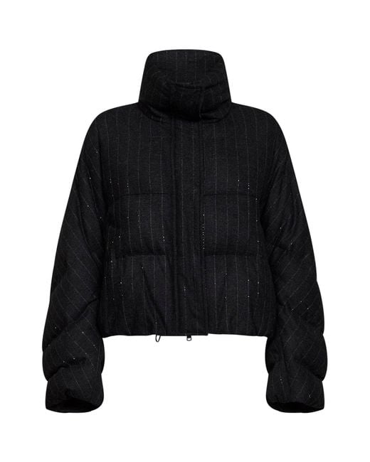 Brunello Cucinelli Black Anthracite Sequin Pinstriped Wool-Blend Puffer Jacket