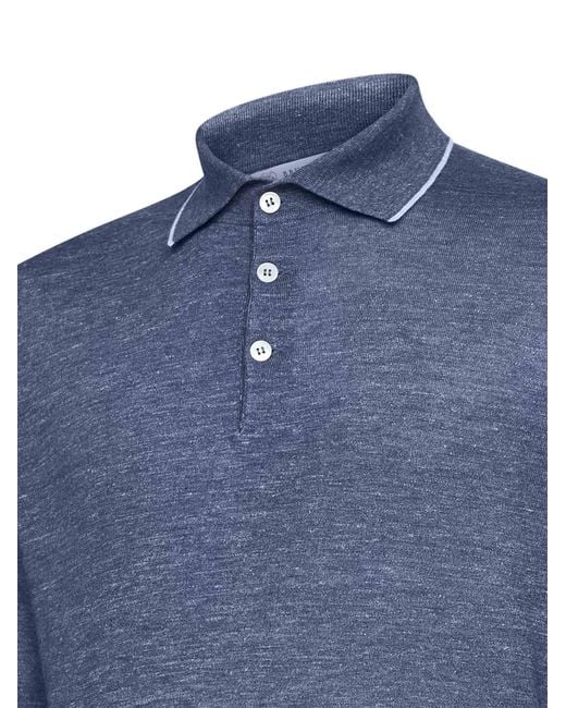 Brunello Cucinelli Blue Cashmere And Silk And Hemp Knit Polo Shirt for men