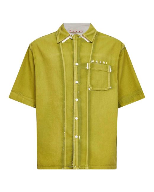 Marni Yellow Screen-Printed Denim Shirt for men