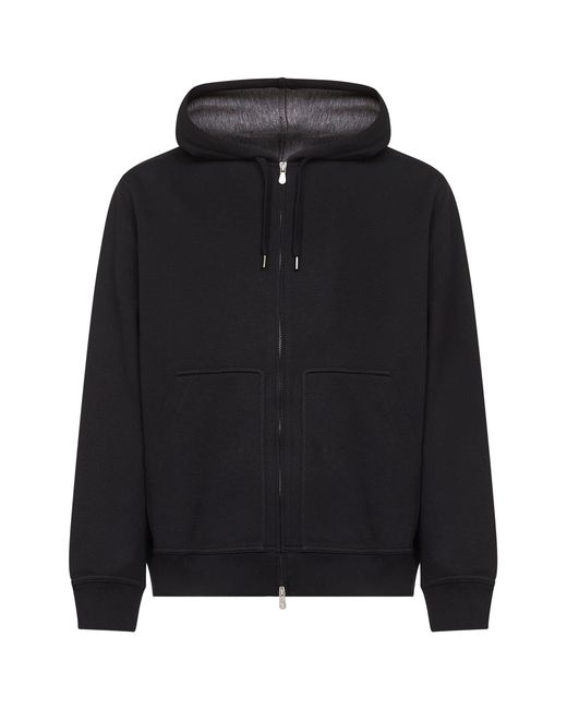 Brunello Cucinelli Black Double Fleece Zip-Up Hoodie for men