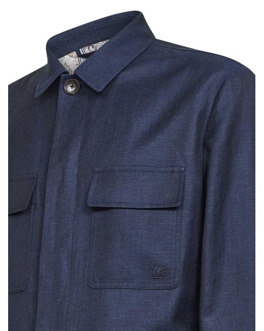 Etro Blue Wool And Linen Shirt Jacket for men