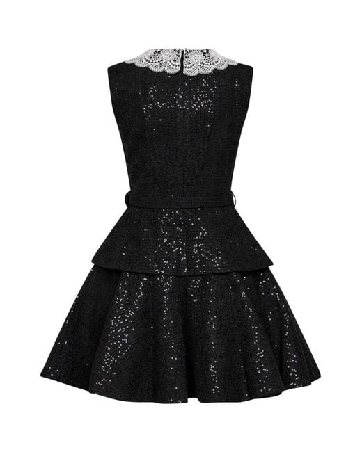 Self-Portrait Black Self Portrait Sequin Bouclé Belted Peplum Mini Dress