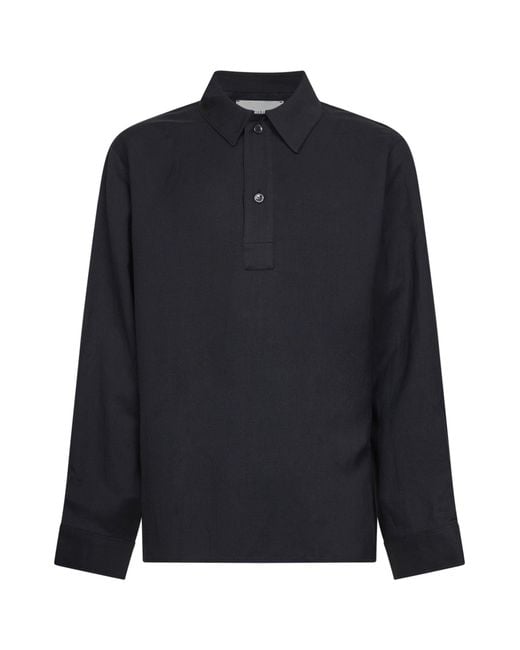Studio Nicholson Blue Darkest Viscose And Linen Twill Austin Polo Shirt for men