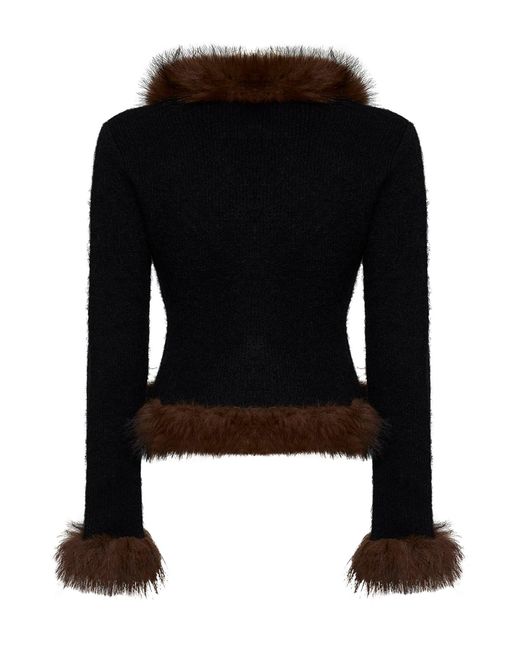 Self-Portrait Black Knit Cardigan With Faux-Fur Details