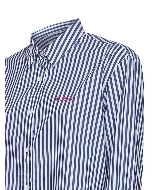 Mc2 Saint Barth Blue And Striped Cotton Brigitte Shirt With Print And Embroidery