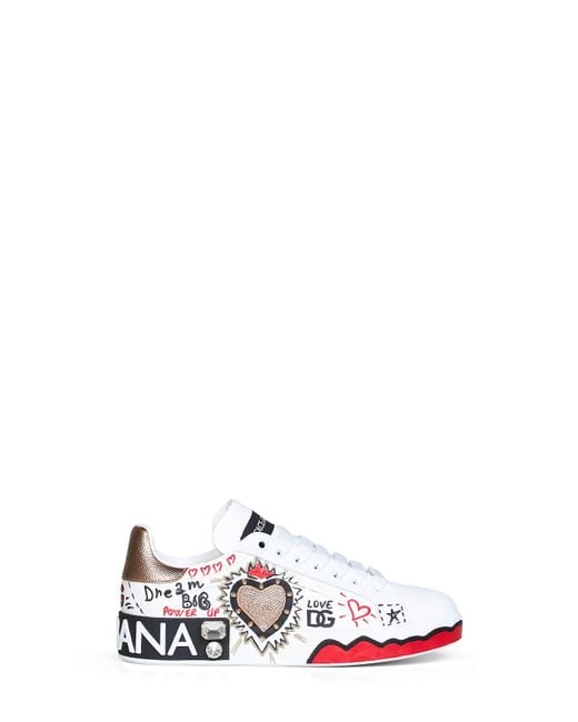 Dolce & Gabbana White Hand-Painted Leather Portofino Low-Top Sneakers
