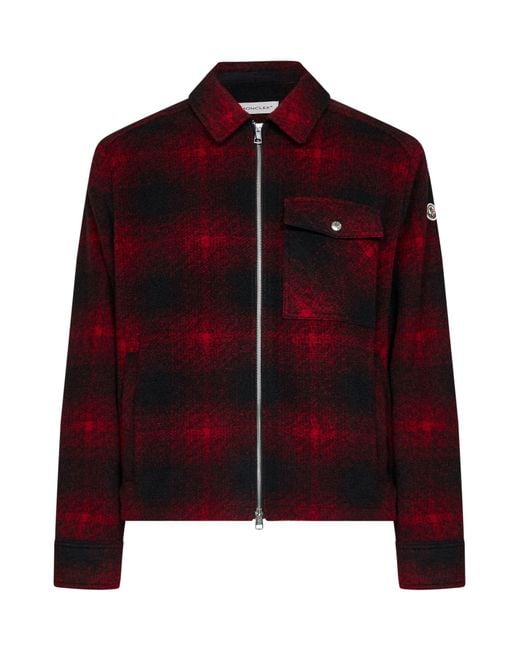 Moncler Red Check Wool-Blend Jersey Zip-Up Overshirt for men