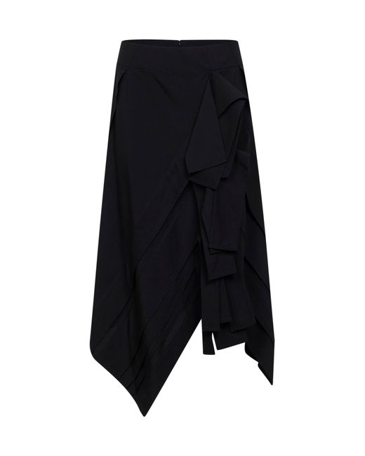 Bottega Veneta Black Wool Asymmetric Midi Skirt With Ruffles