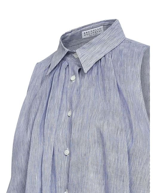 Brunello Cucinelli Blue And Striped Organza Sleeveless Shirt