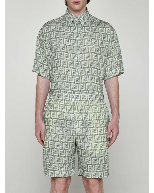 Fendi Green Ff Print Linen Shorts for men
