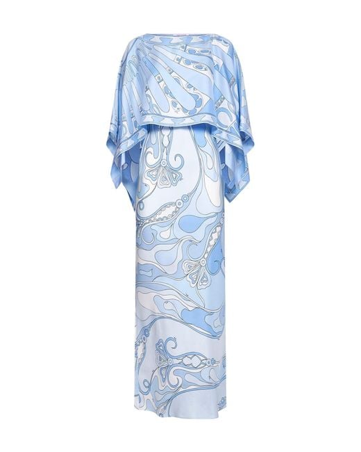 Emilio Pucci Blue Pale Orchidee-Print Silk Long Dress With Sole-Print Cape