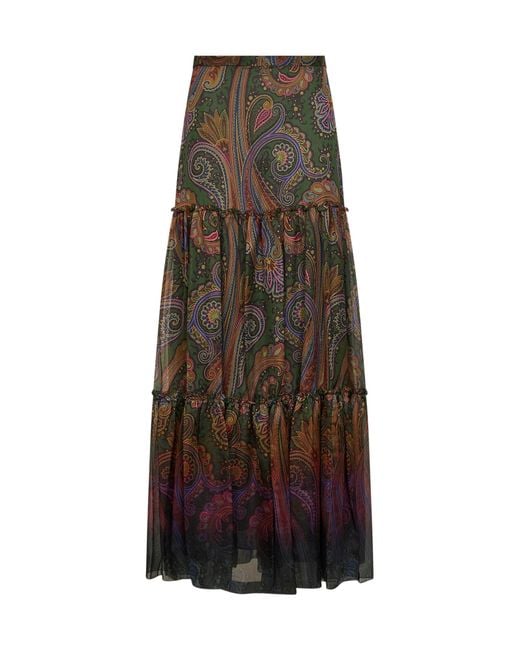 Etro Natural Paisley-Printed Silk Chiffon Tiered Maxi Skirt