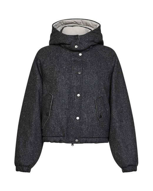 Brunello Cucinelli Black Donegal Hooded Down Jacket With Shiny Zipper Pull