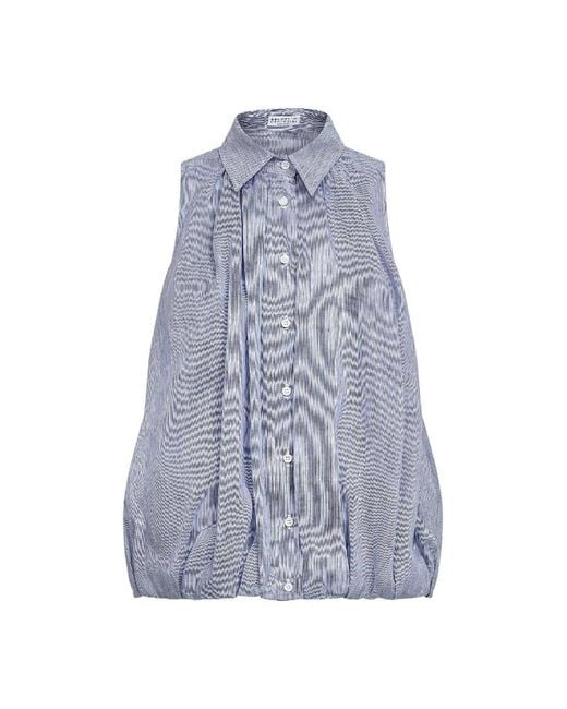 Brunello Cucinelli Blue And Striped Organza Sleeveless Shirt