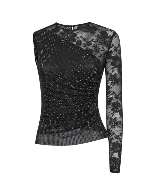Self-Portrait Black Rhinestone Mesh And Lace Top