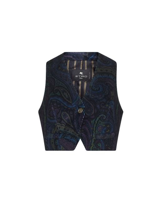 Etro Blue Paisley Print Corduroy Vest