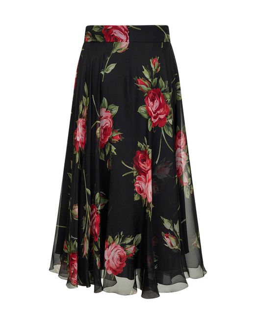 Dolce & Gabbana Black Rose Bouquet Printed Chiffon Midi Full Skirt