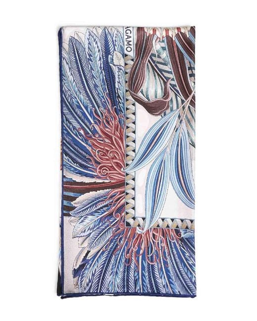 Ferragamo Blue Ivory And Fiori E Farfalle-Print Silk Scarf