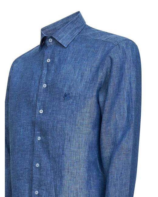 Etro Blue Linen Shirt With Pegaso Embroidery for men
