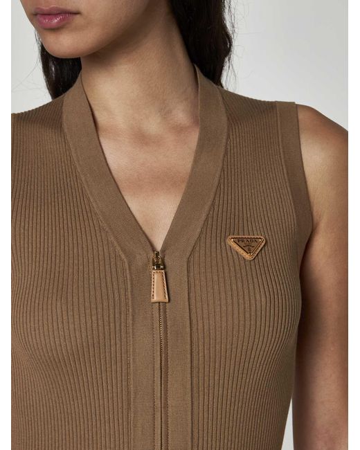 Prada Brown Zip-up Rib-knit Cotton Top