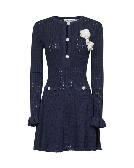 Self-Portrait Blue Pointelle Knit Crochet Flowers Minidress