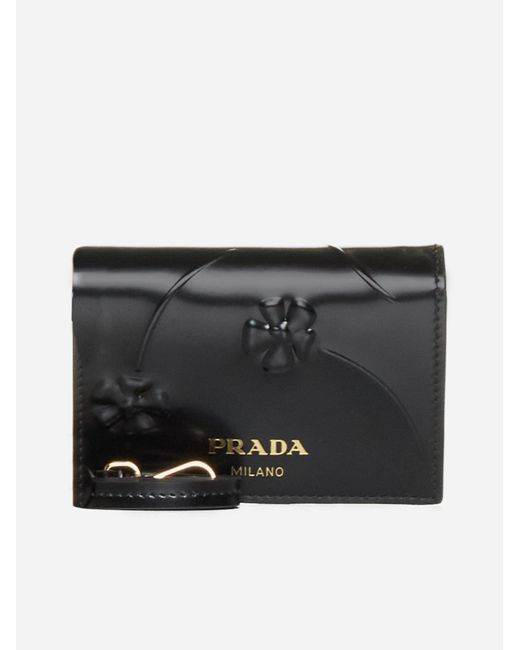 Prada Black Strap-detail Floral Leather Card Holder