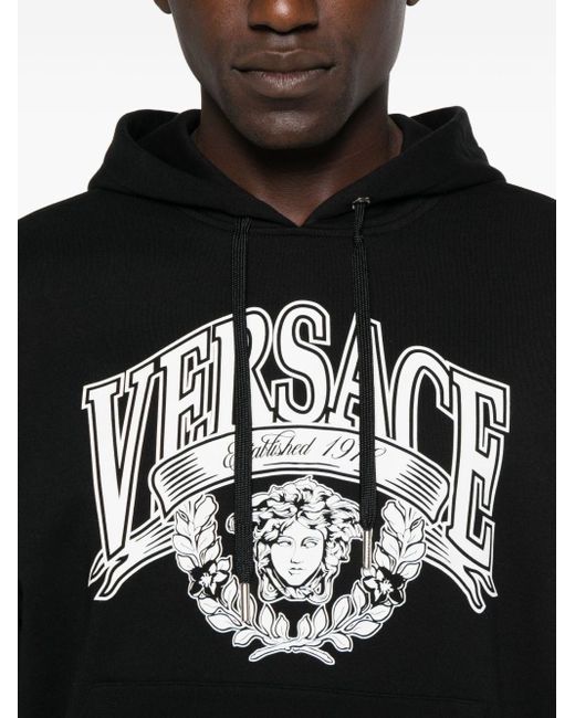 Versace Black Graphic Print Hoodie With Drawstring And Kangaroo Pocket for men