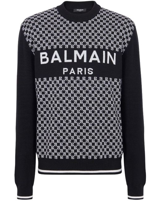 Balmain Black Pullover In Jacquard Mini Monogramma for men