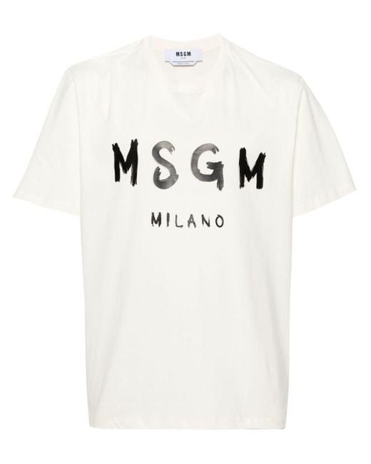 MSGM White Cotton T-Shirt With Front Printed Logo for men
