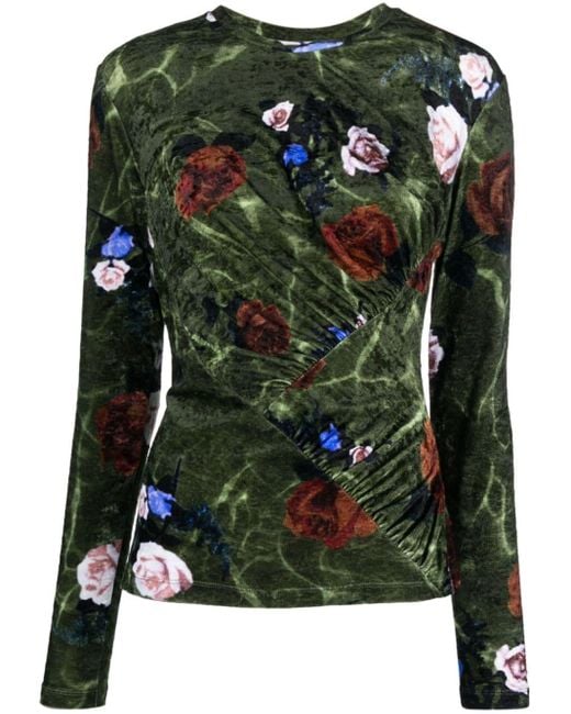 Dries Van Noten Green Floral Print Lonf Sleeves Top